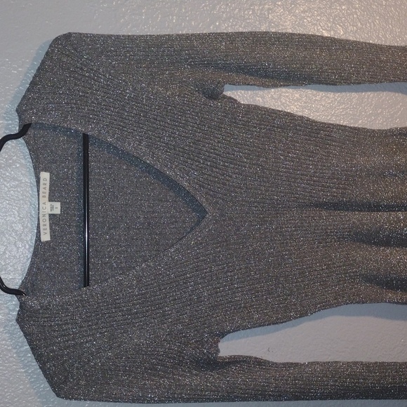 Veronica Beard Esmeralda V Neck Silver Metallic Pullover Ribbed Top S - Picture 2 of 6